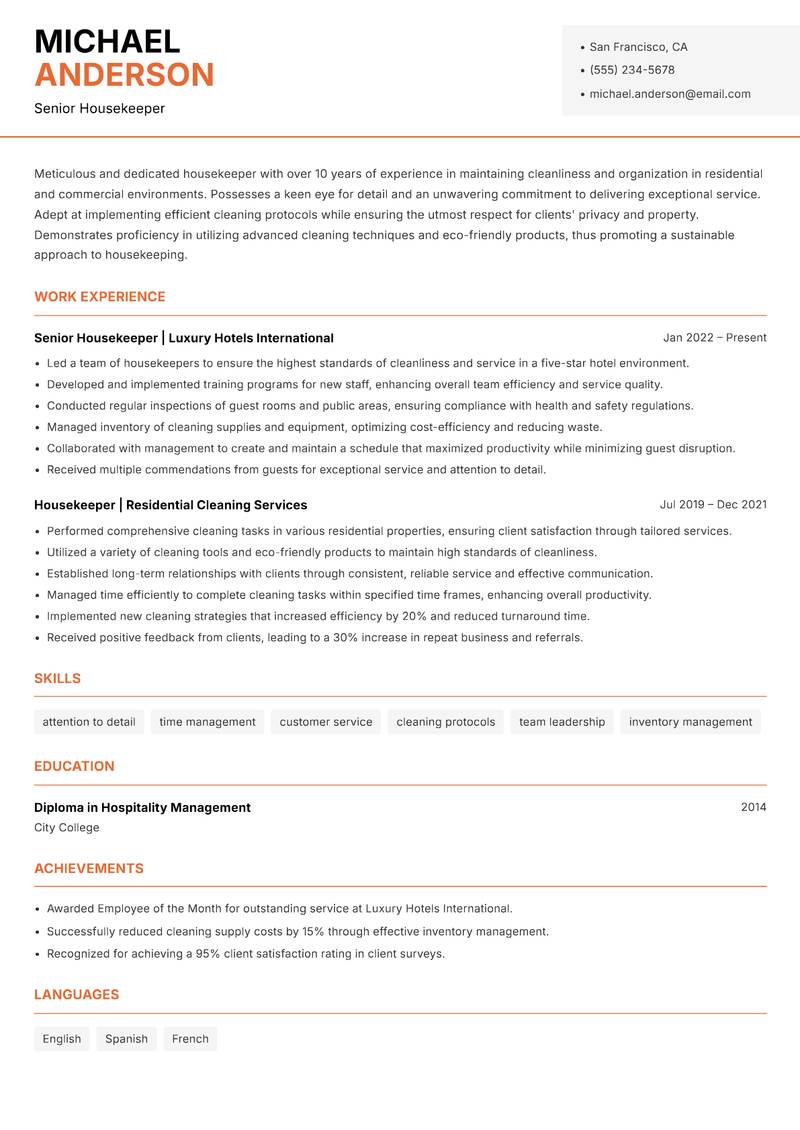 Housekeeper Resume Template