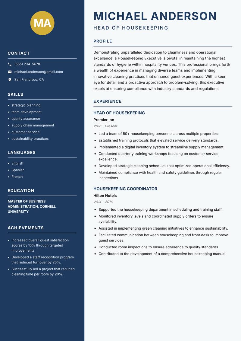 Housekeeping Executive Resume Preview Example