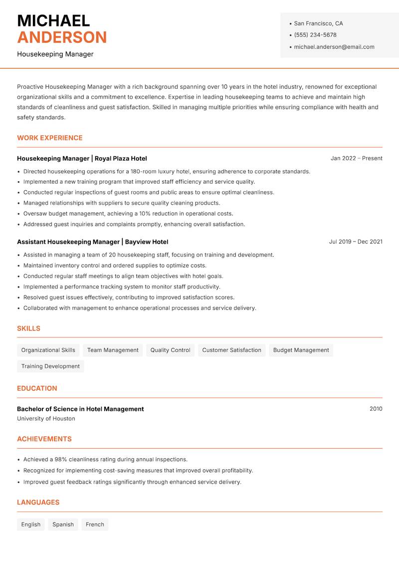 Housekeeping Manager Resume Template