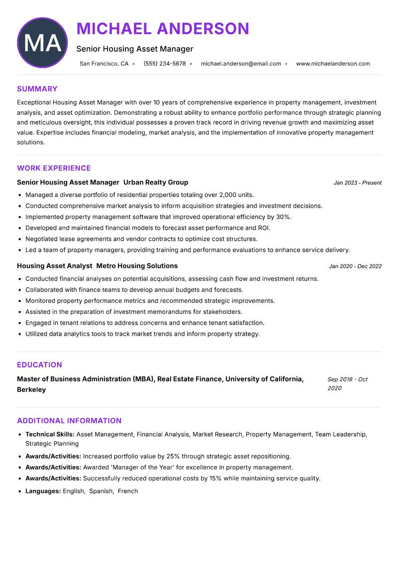 Housing Asset Manager Resume Preview Example