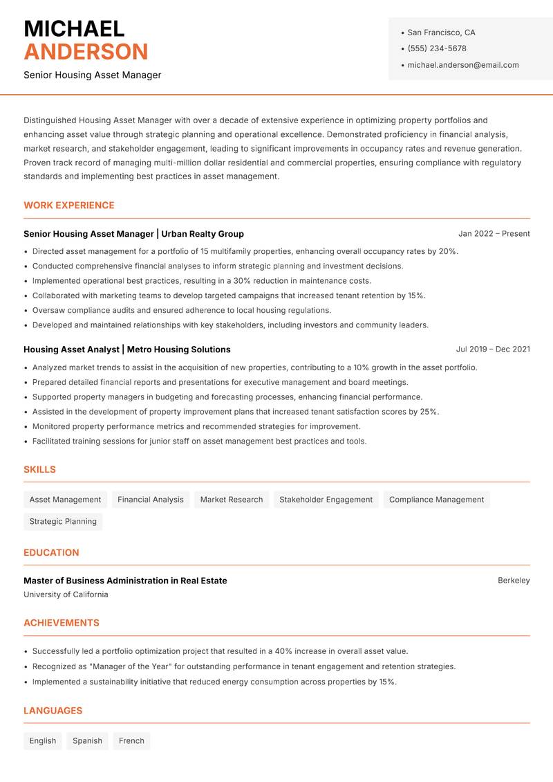 Housing Asset Manager Resume Template