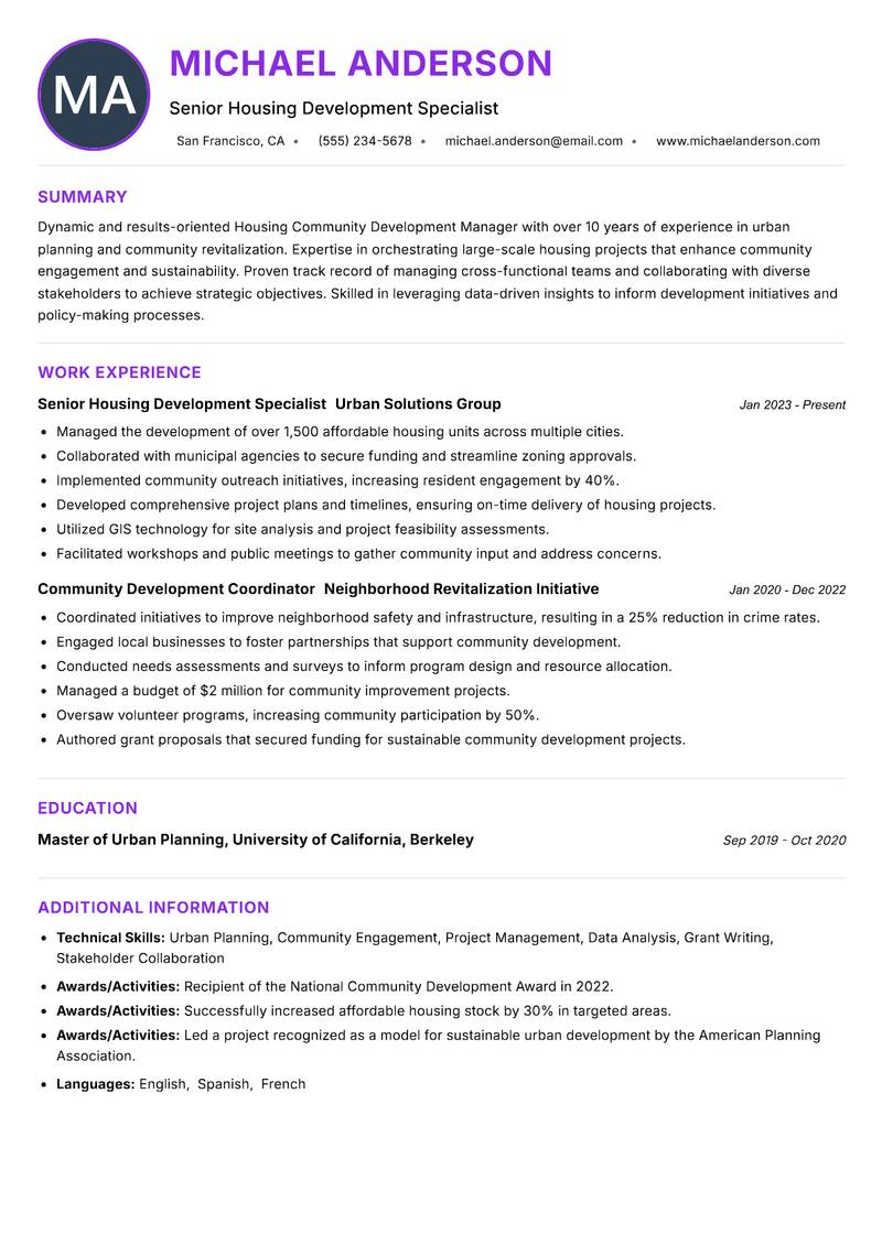 Housing Community Development Manager Resume Preview Example