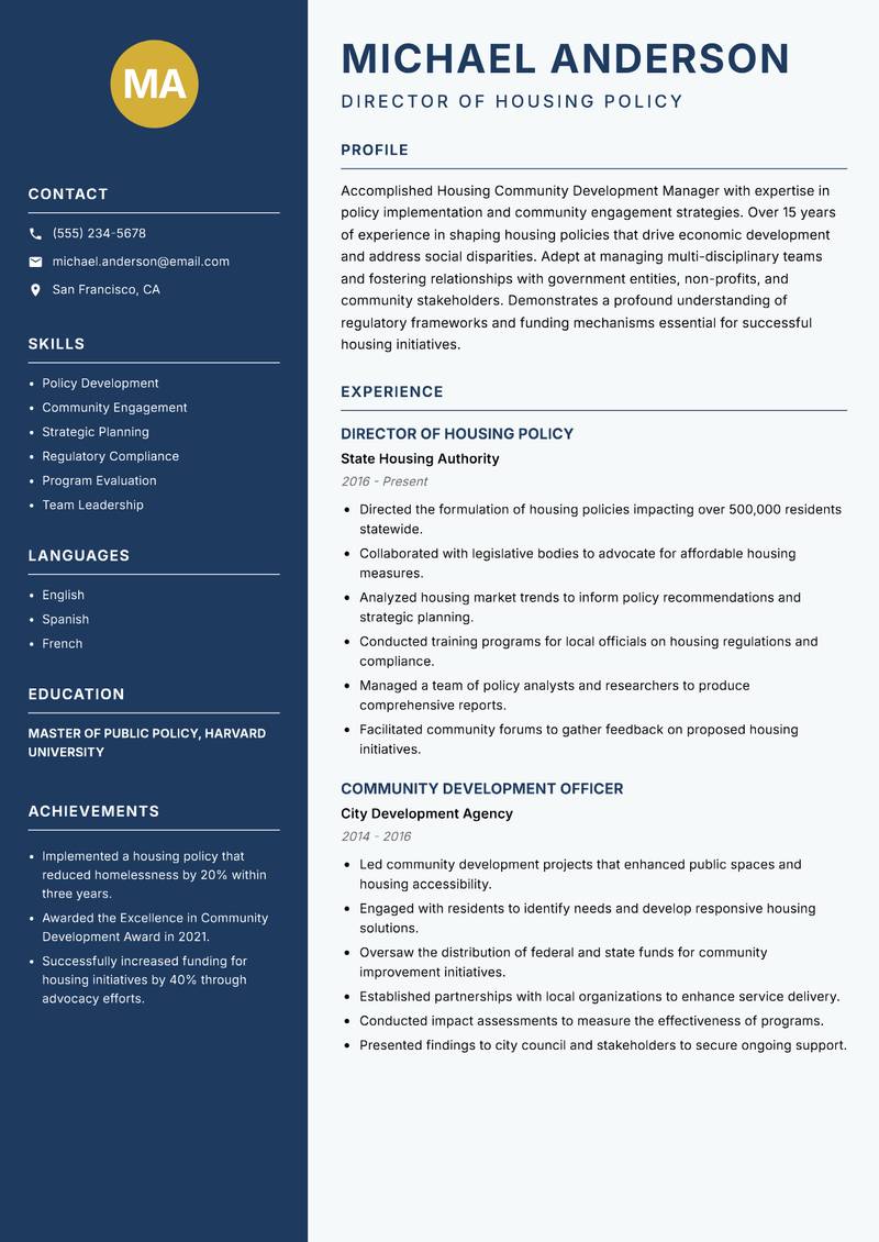 Housing Community Development Manager Resume Preview Example