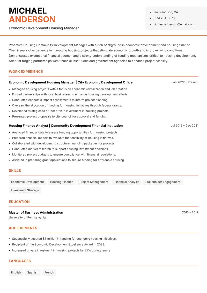 Housing Community Development Manager Resume Template