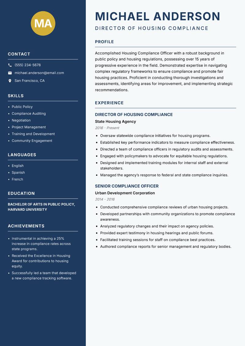 Housing Compliance Officer Resume Preview Example