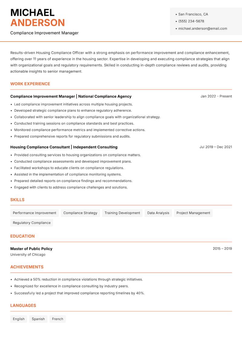 Housing Compliance Officer Resume Template