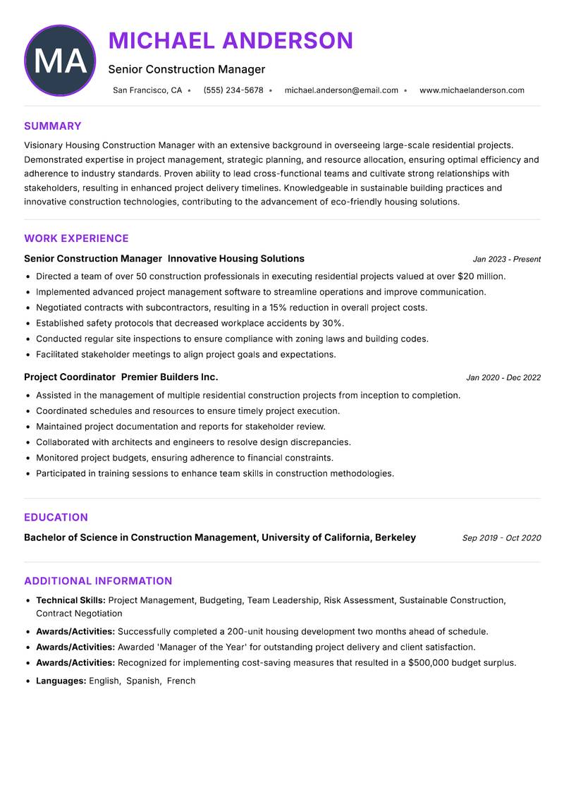 Housing Construction Manager Resume Preview Example