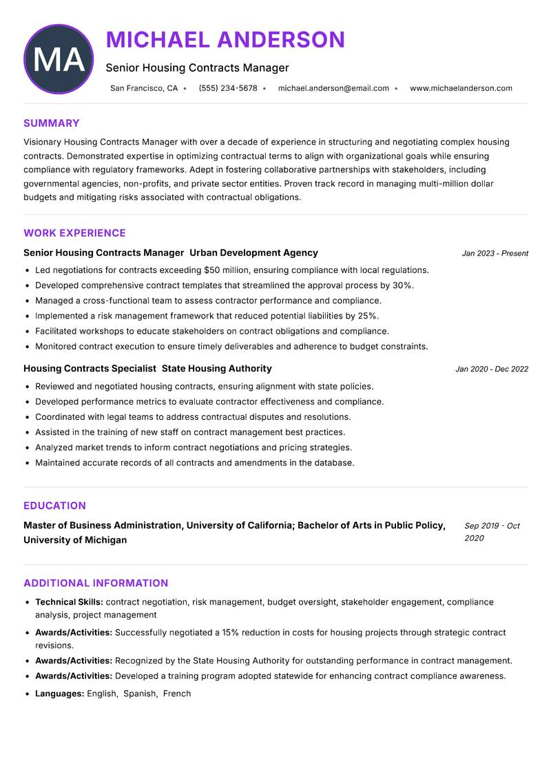 Housing Contracts Manager Resume Preview Example