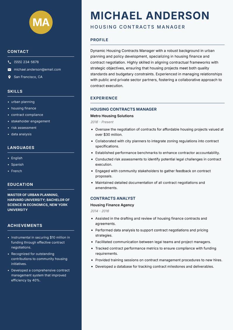 Housing Contracts Manager Resume Preview Example