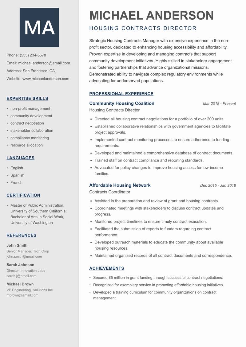 Housing Contracts Manager Resume Preview Example