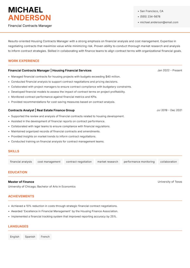 Housing Contracts Manager Resume Template