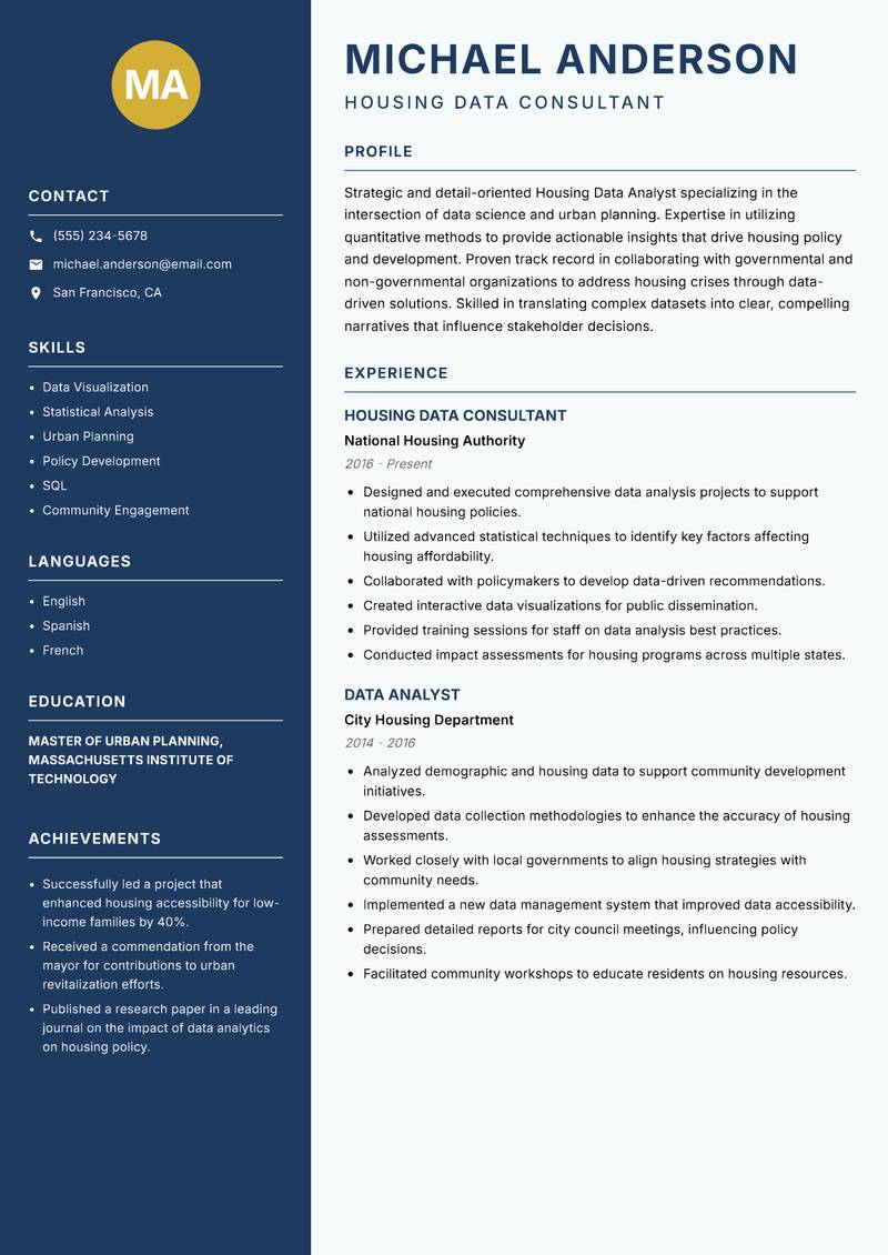 Housing Data Analyst Resume Preview Example