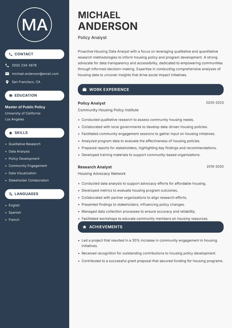 Housing Data Analyst Resume Preview Example