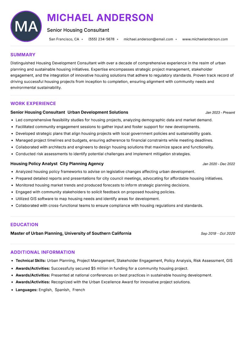 Housing Development Consultant Resume Preview Example