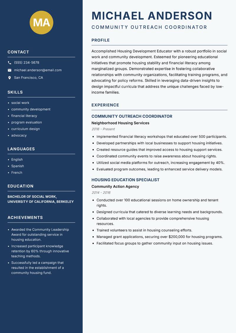 Housing Development Educator Resume Preview Example