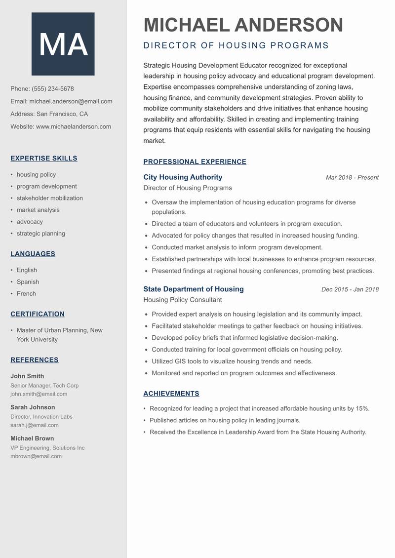 Housing Development Educator Resume Preview Example