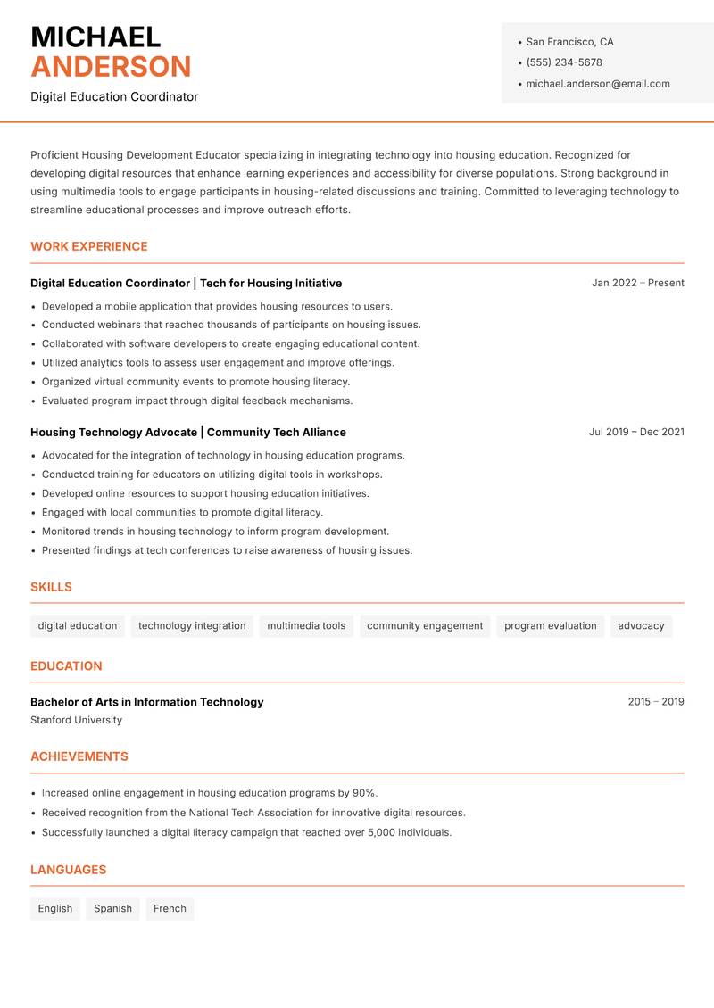 Housing Development Educator Resume Template