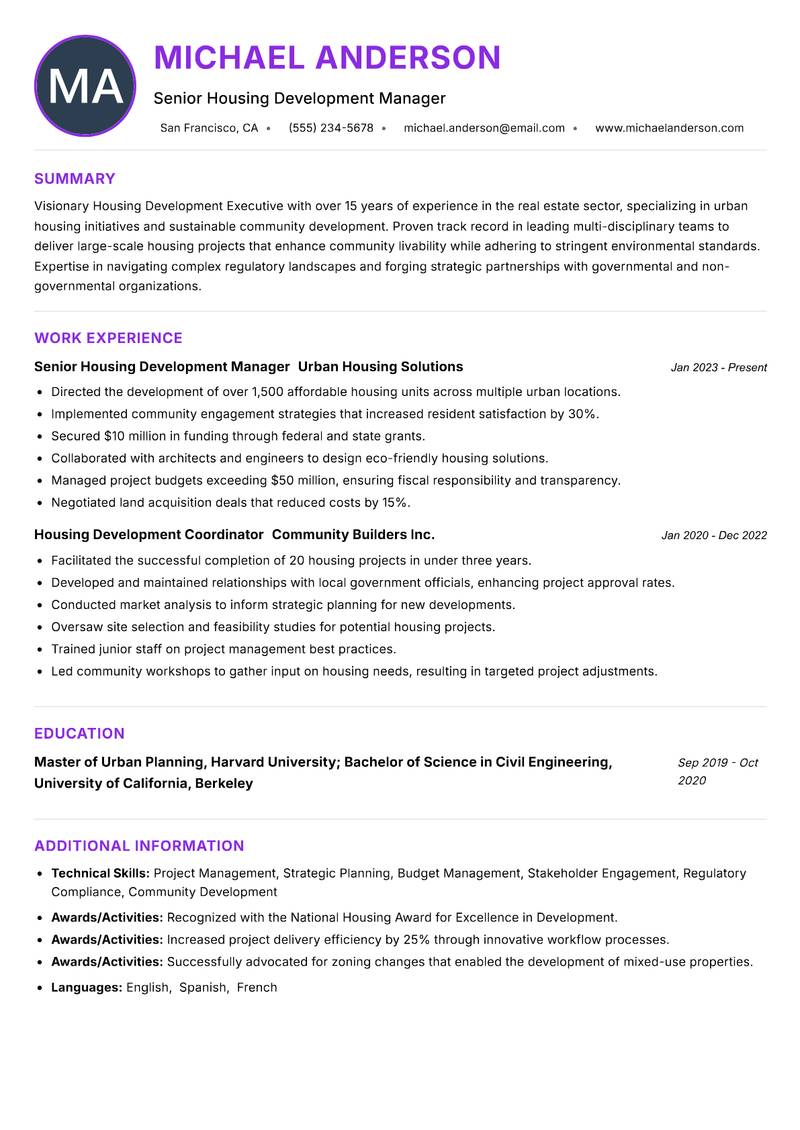 Housing Development Executive Resume Preview Example