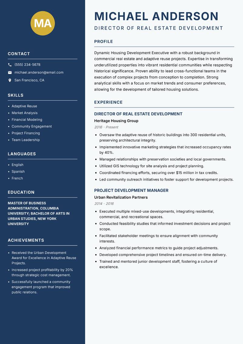 Housing Development Executive Resume Preview Example