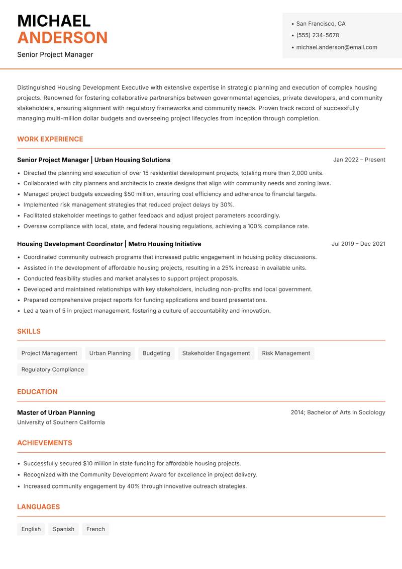 Housing Development Executive Resume Template