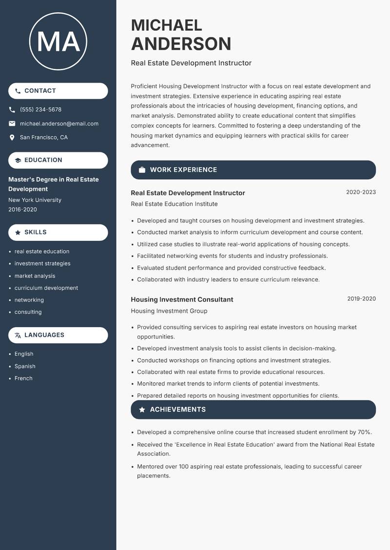 Housing Development Instructor Resume Preview Example