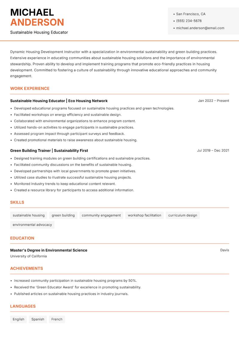 Housing Development Instructor Resume Template