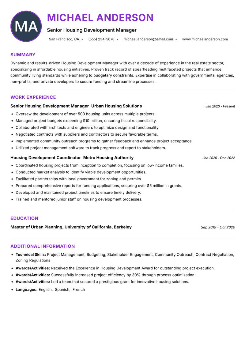 Housing Development Manager Resume Preview Example