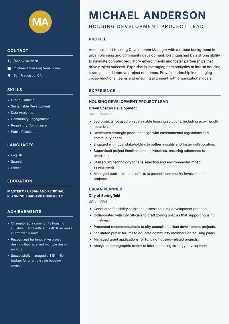 Housing Development Manager Resume Preview Example