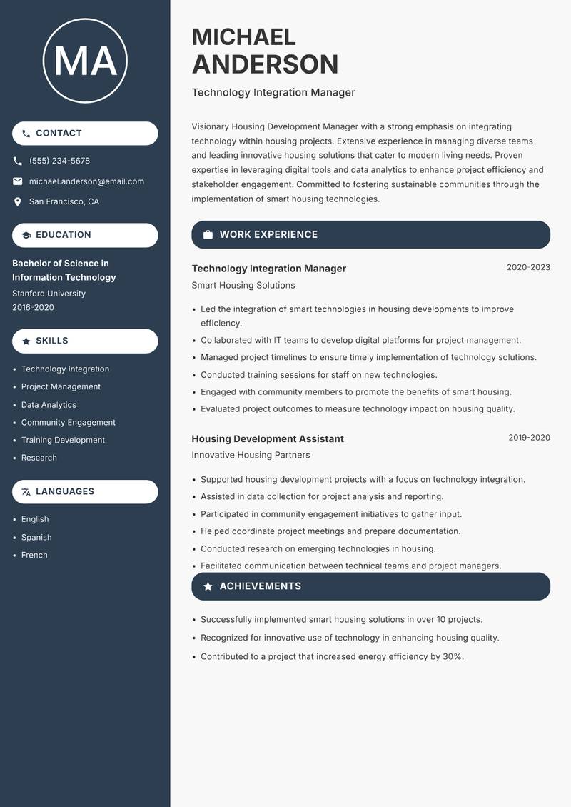 Housing Development Manager Resume Preview Example