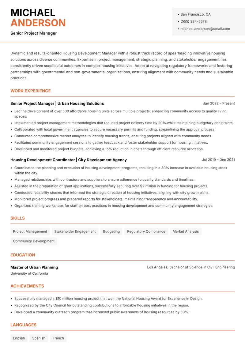 Housing Development Manager Resume Template