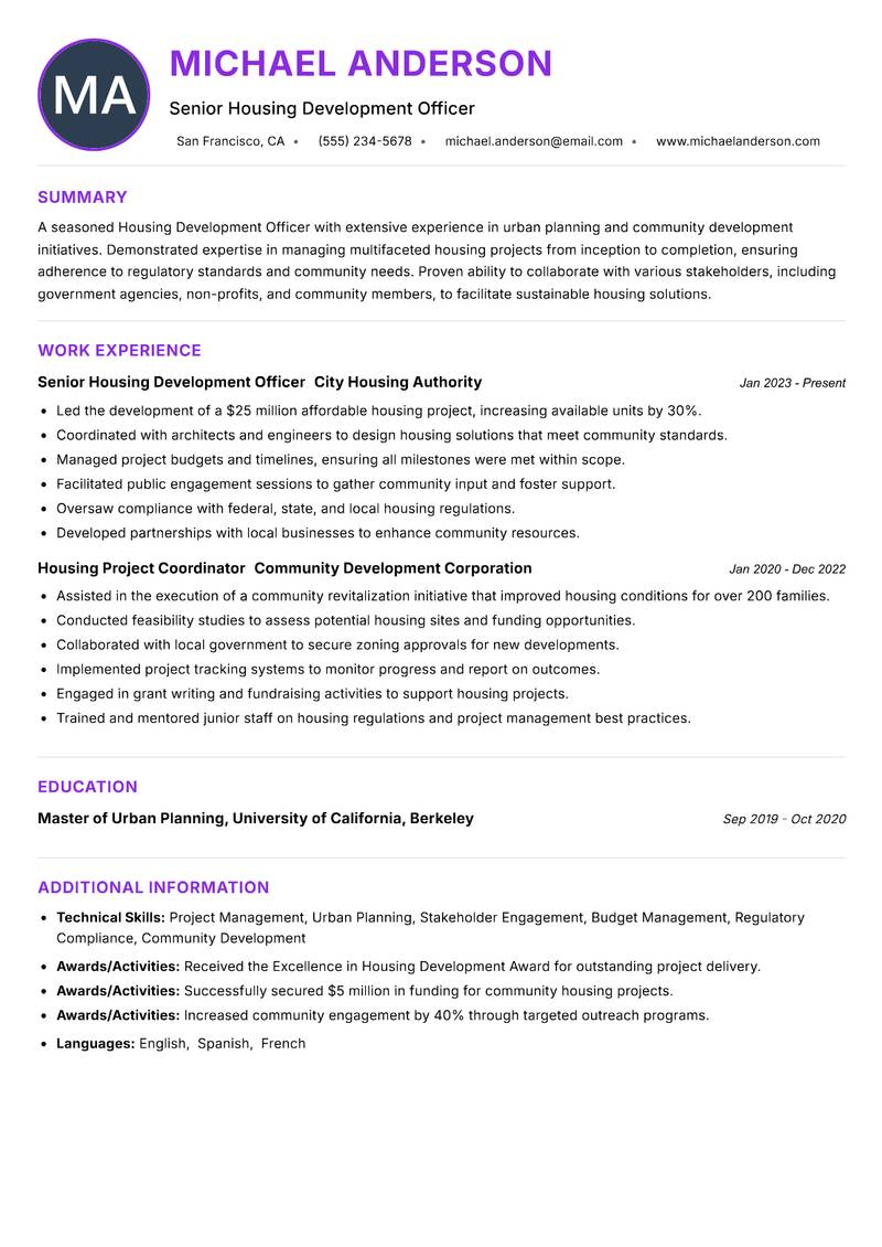 Housing Development Officer Resume Preview Example