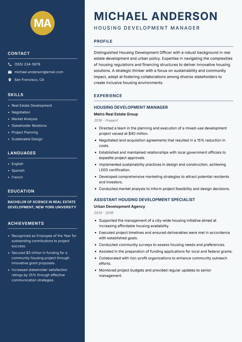 Housing Development Officer Resume Preview Example