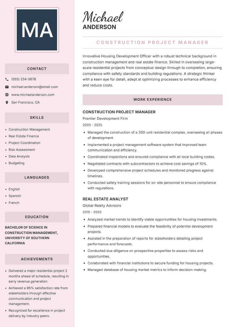 Housing Development Officer Resume Preview Example