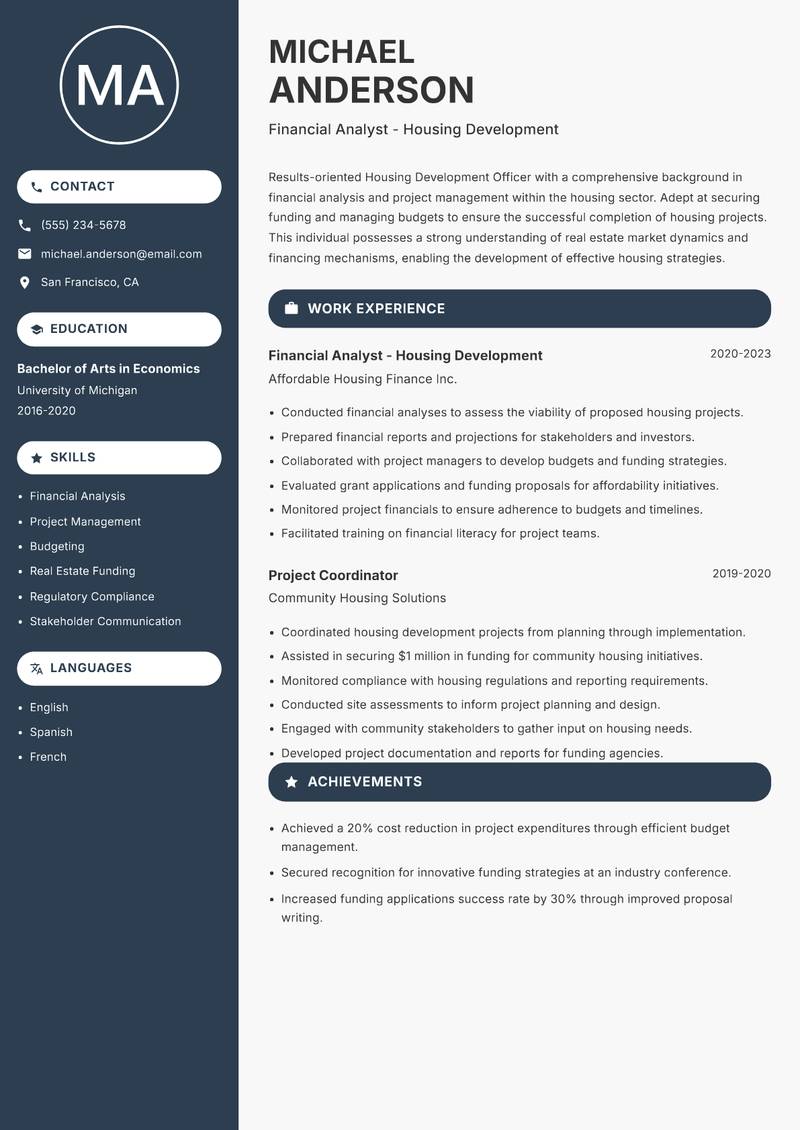 Housing Development Officer Resume Preview Example