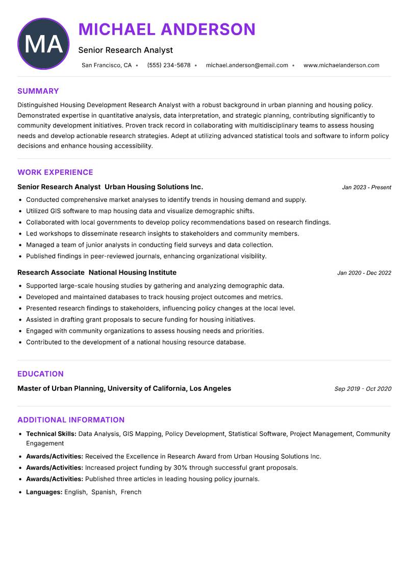 Housing Development Research Analyst Resume Preview Example