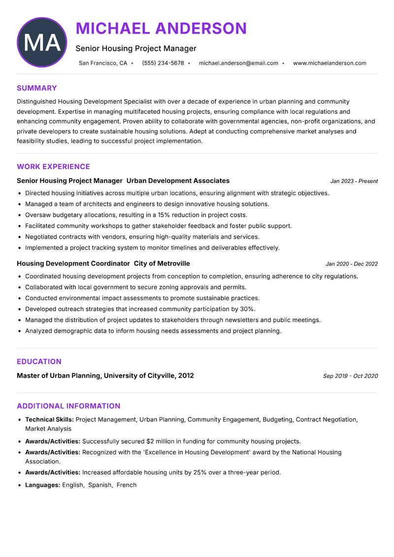 Housing Development Specialist Resume Preview Example