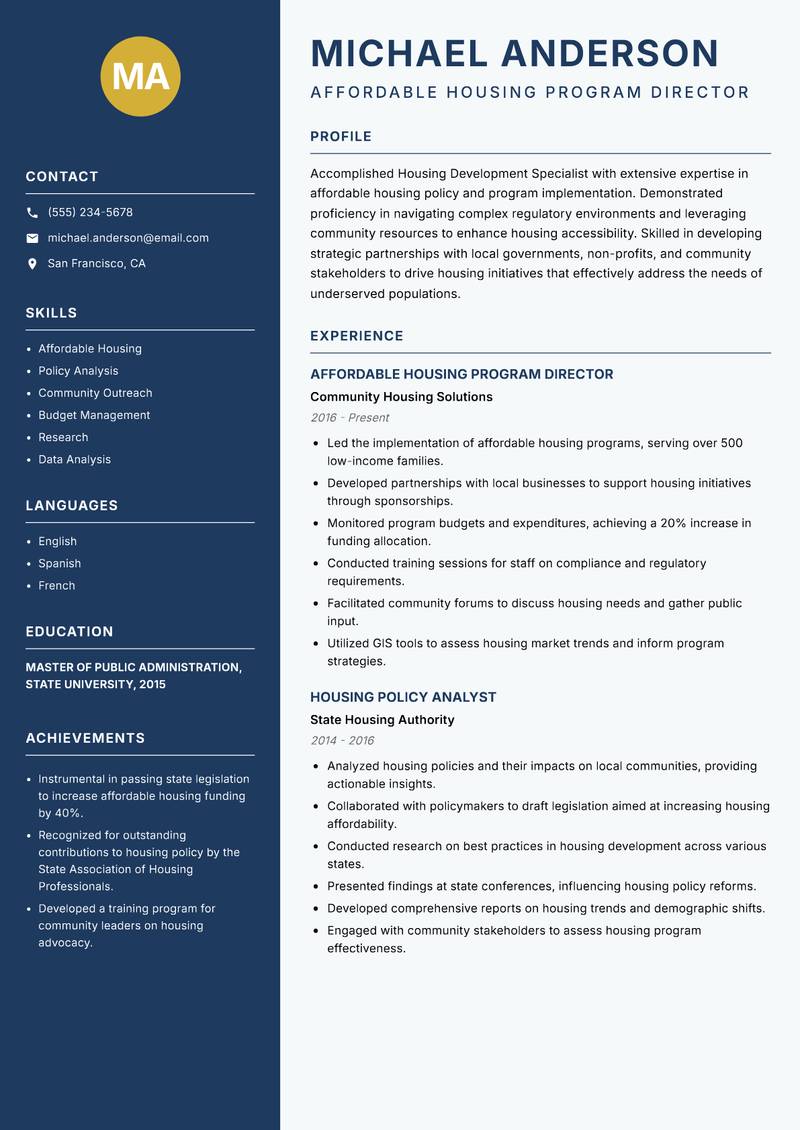 Housing Development Specialist Resume Preview Example