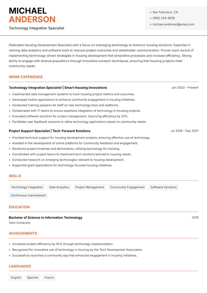 Housing Development Specialist Resume Template