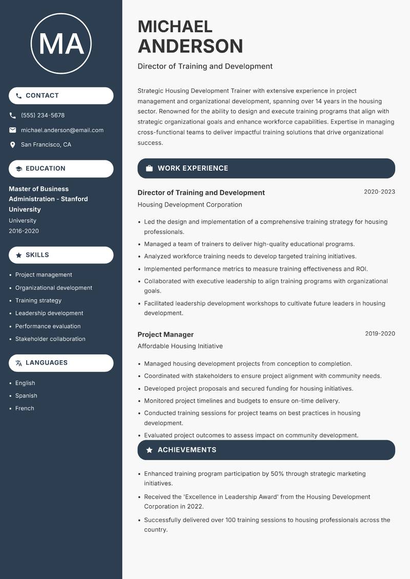 Housing Development Trainer Resume Preview Example