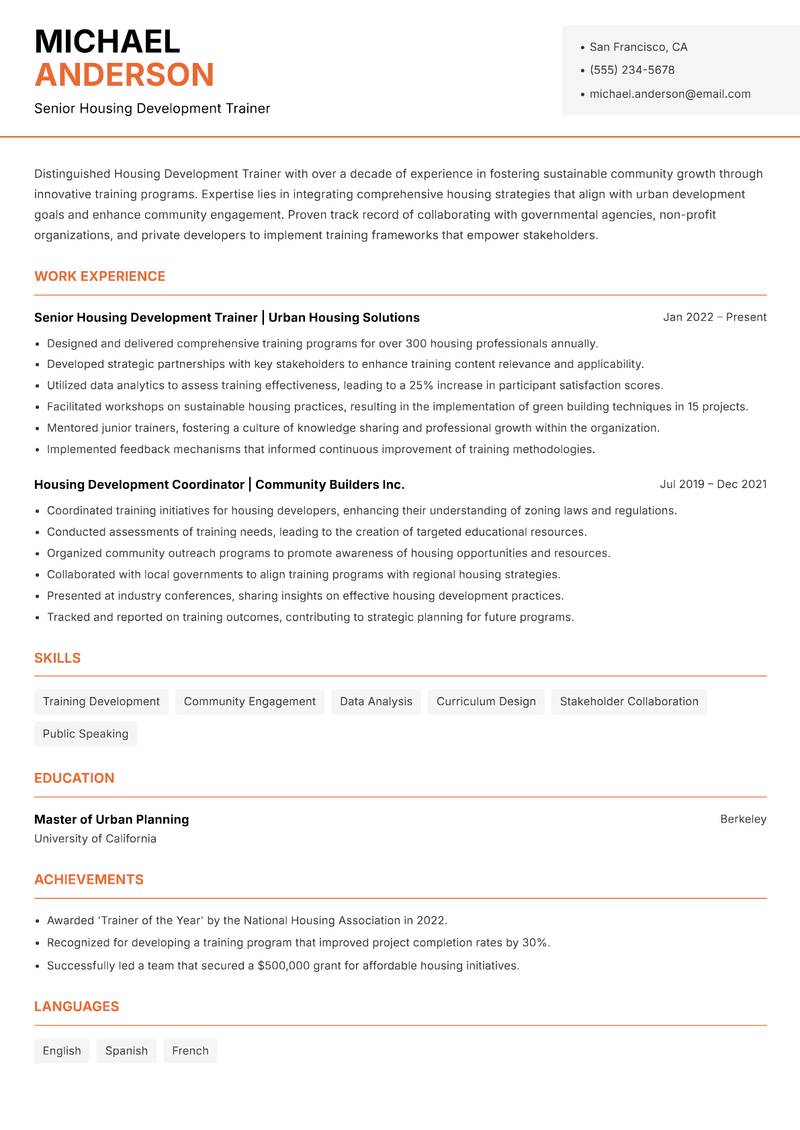 Housing Development Trainer Resume Template