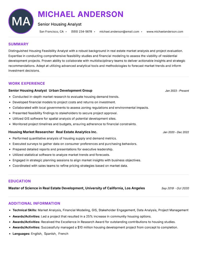 Housing Feasibility Analyst Resume Preview Example