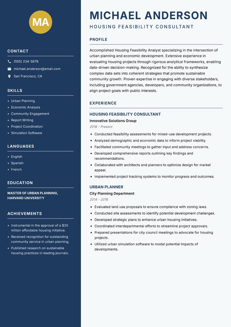 Housing Feasibility Analyst Resume Preview Example