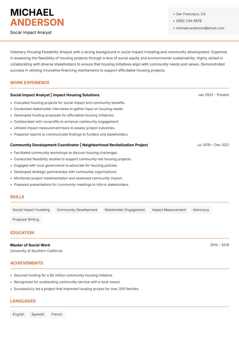 Housing Feasibility Analyst Resume Template