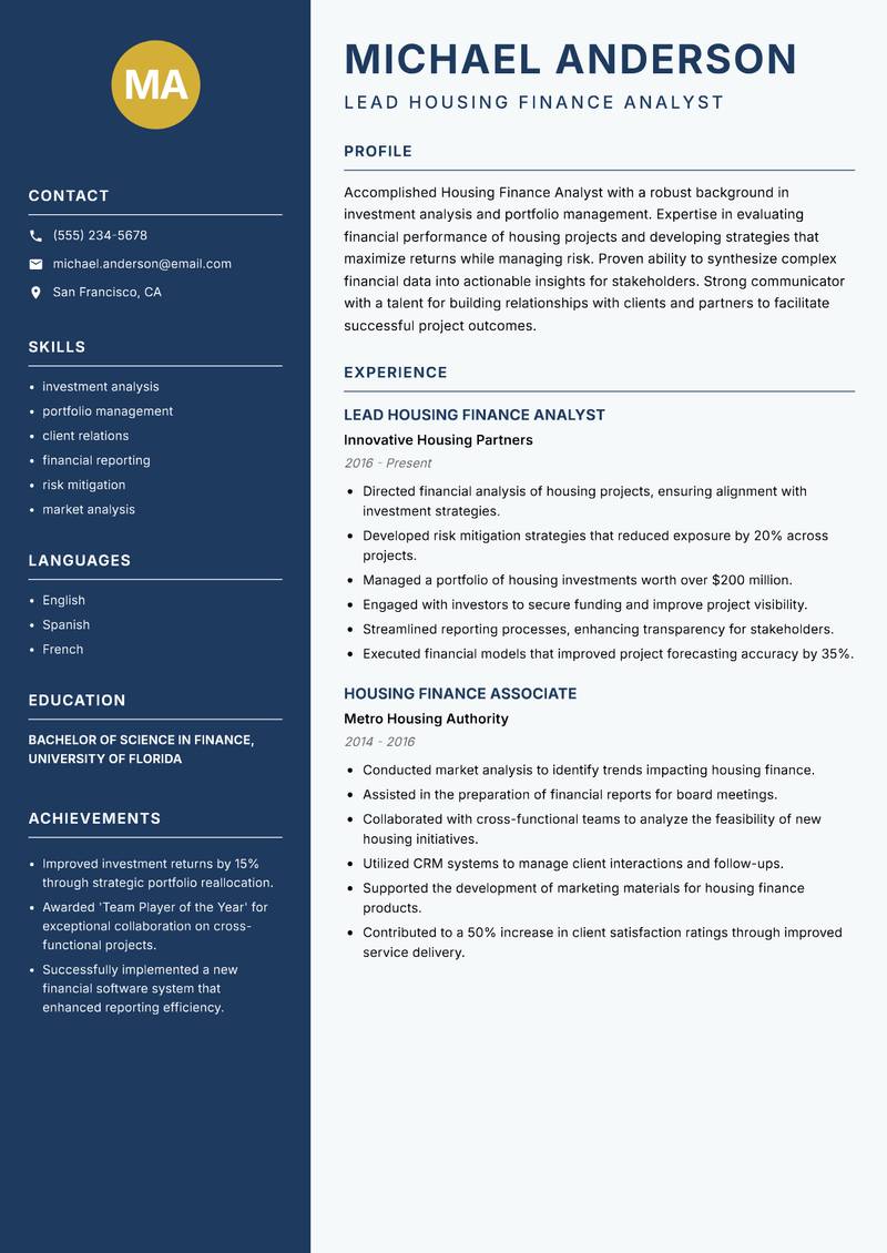 Housing Finance Analyst Resume Preview Example