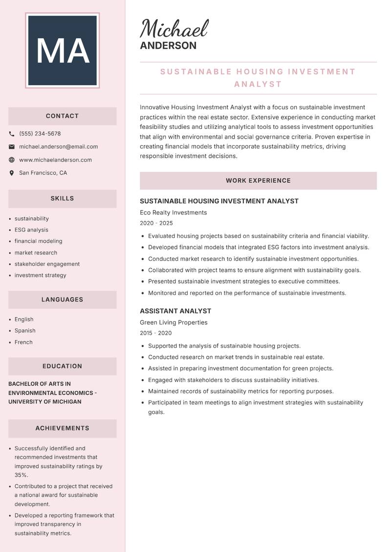 Housing Investment Analyst Resume Preview Example