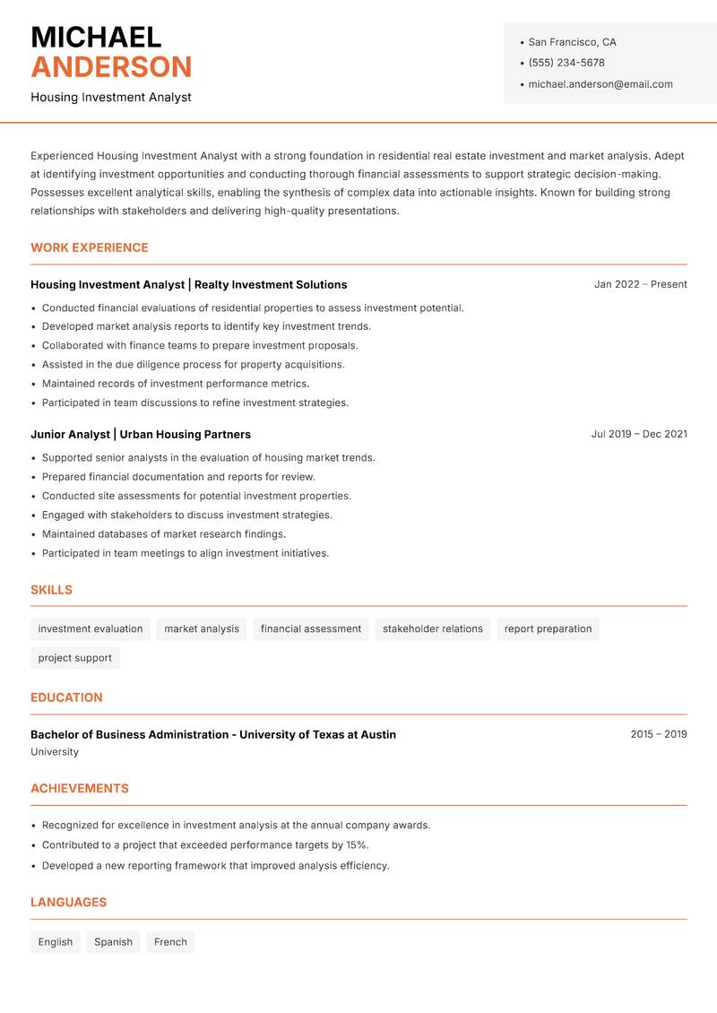 Housing Investment Analyst Resume Template