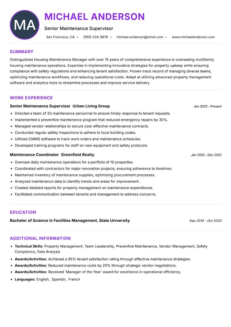 Housing Maintenance Manager Resume Preview Example