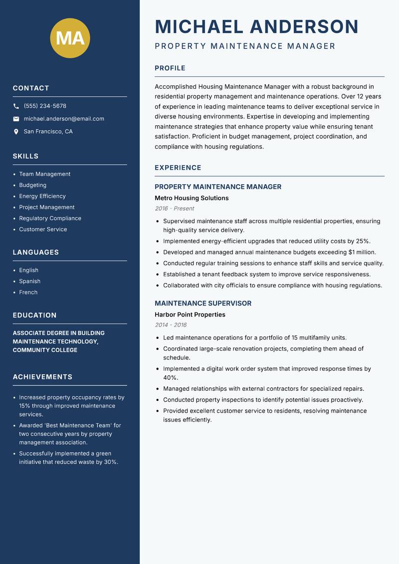 Housing Maintenance Manager Resume Preview Example