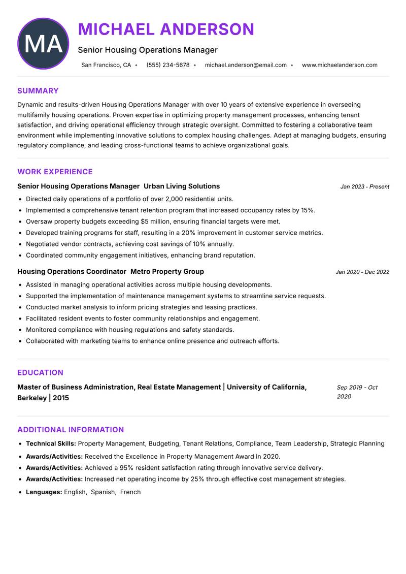 Housing Operations Manager Resume Preview Example