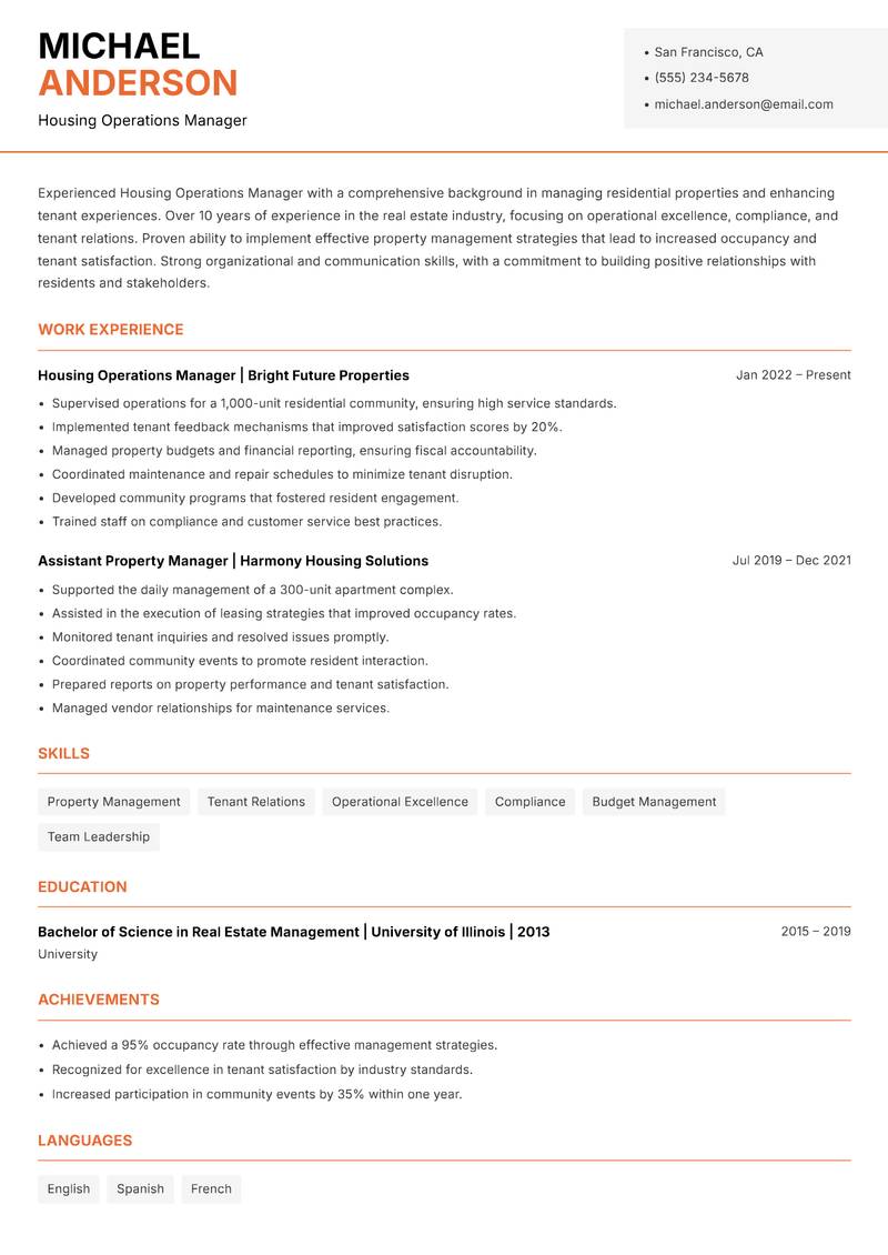 Housing Operations Manager Resume Template